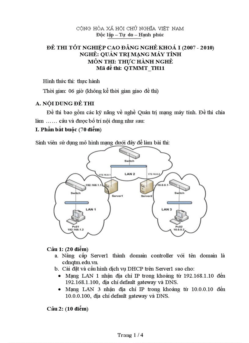 Đề thi nghề Quản trị mạng máy tính Thực hành nghề 11