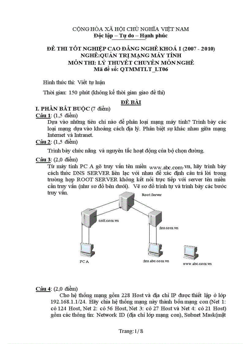 Đề thi nghề Quản trị mạng máy tính 6