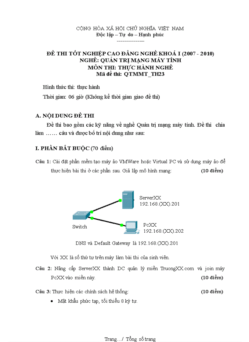 Đề thi nghề Quản trị mạng máy tính Thực hành nghề 23