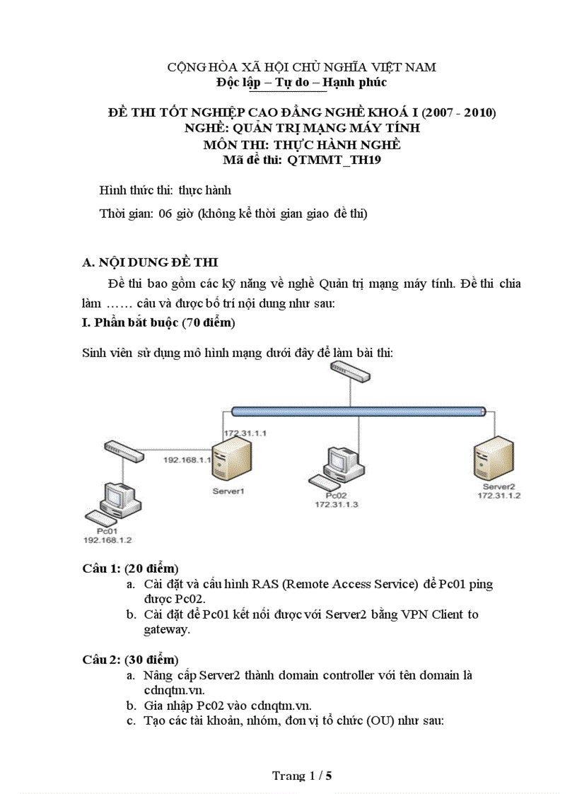 Đề thi nghề Quản trị mạng máy tính Thực hành nghề 19