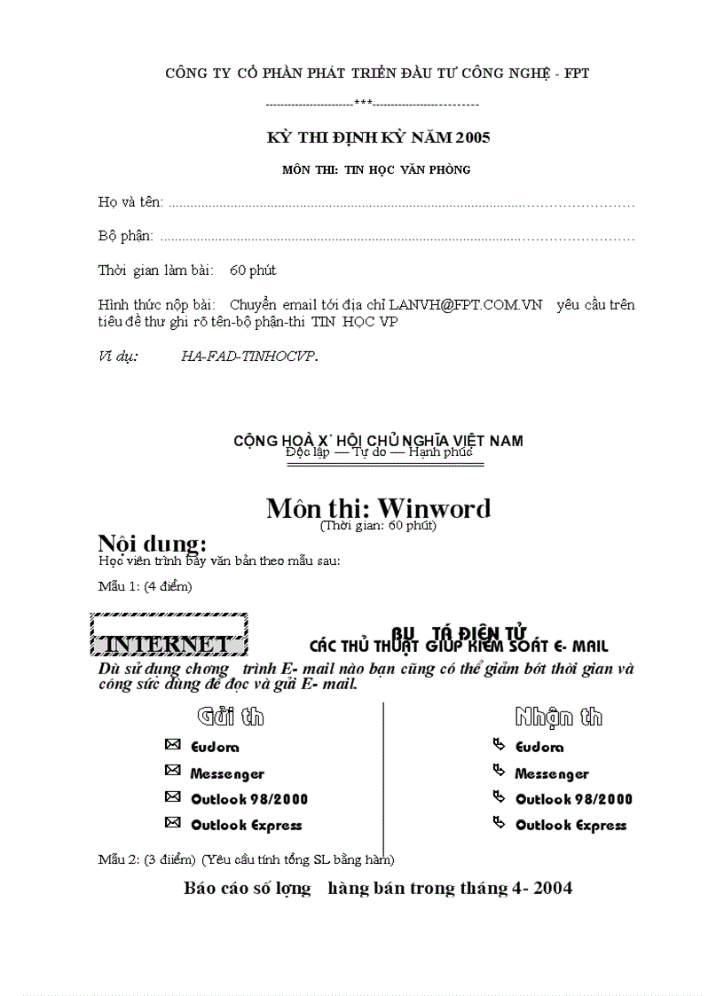 Đề thi định kỳ hằng năm môn Tin học văn phòng FPT 2005