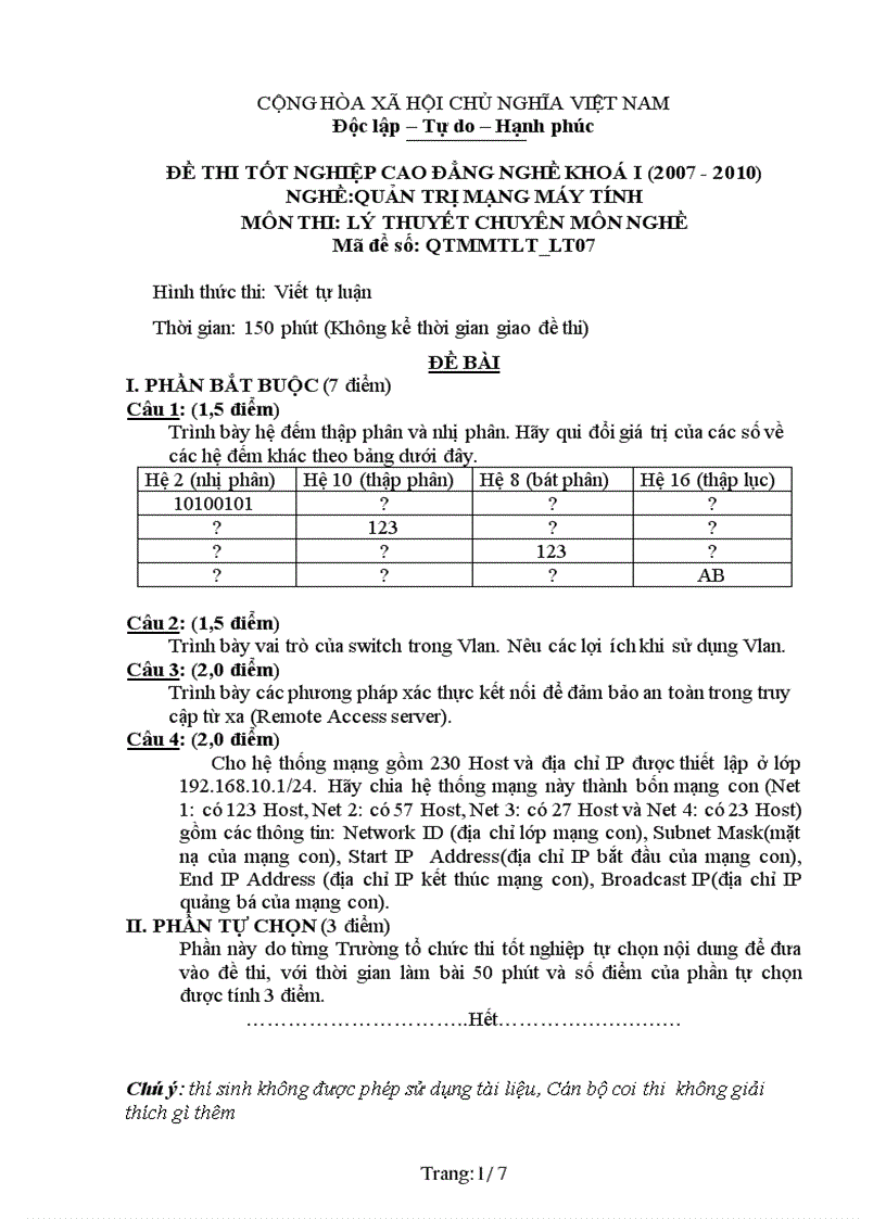 Đề thi nghề Quản trị mạng máy tính 7