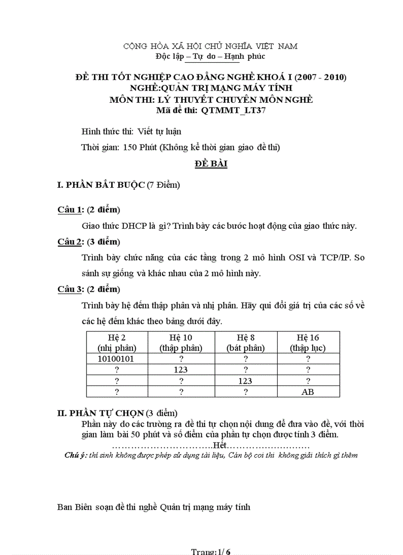 Đề thi nghề Quản trị mạng máy tính 37