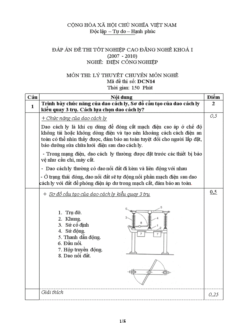 Đáp án đề thi lý thuyết nghề điện công nghiệp 14