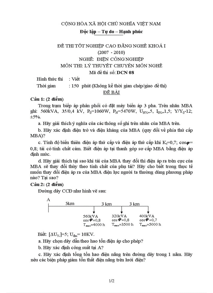 Đề thi lý thuyết nghề điện công nghiệp 8