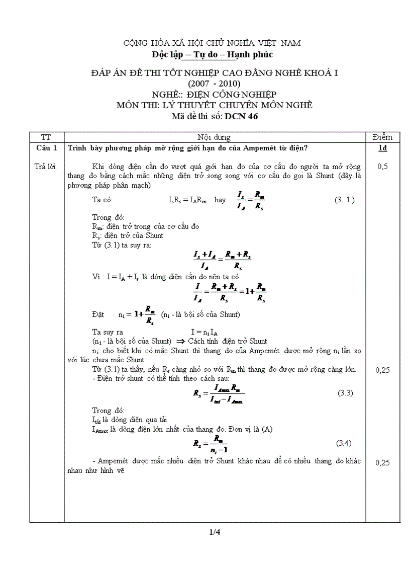 Đáp án đề thi lý thuyết nghề điện công nghiệp 46