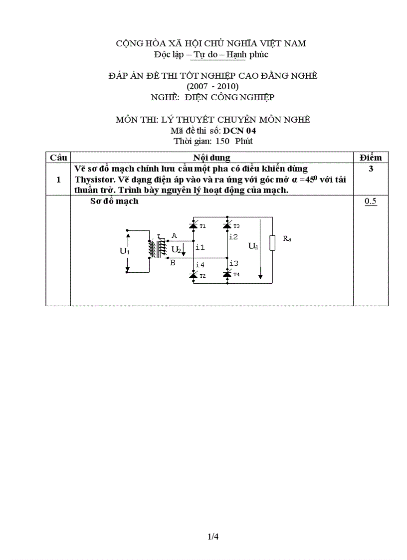 Đáp án đề thi lý thuyết nghề điện công nghiệp 4