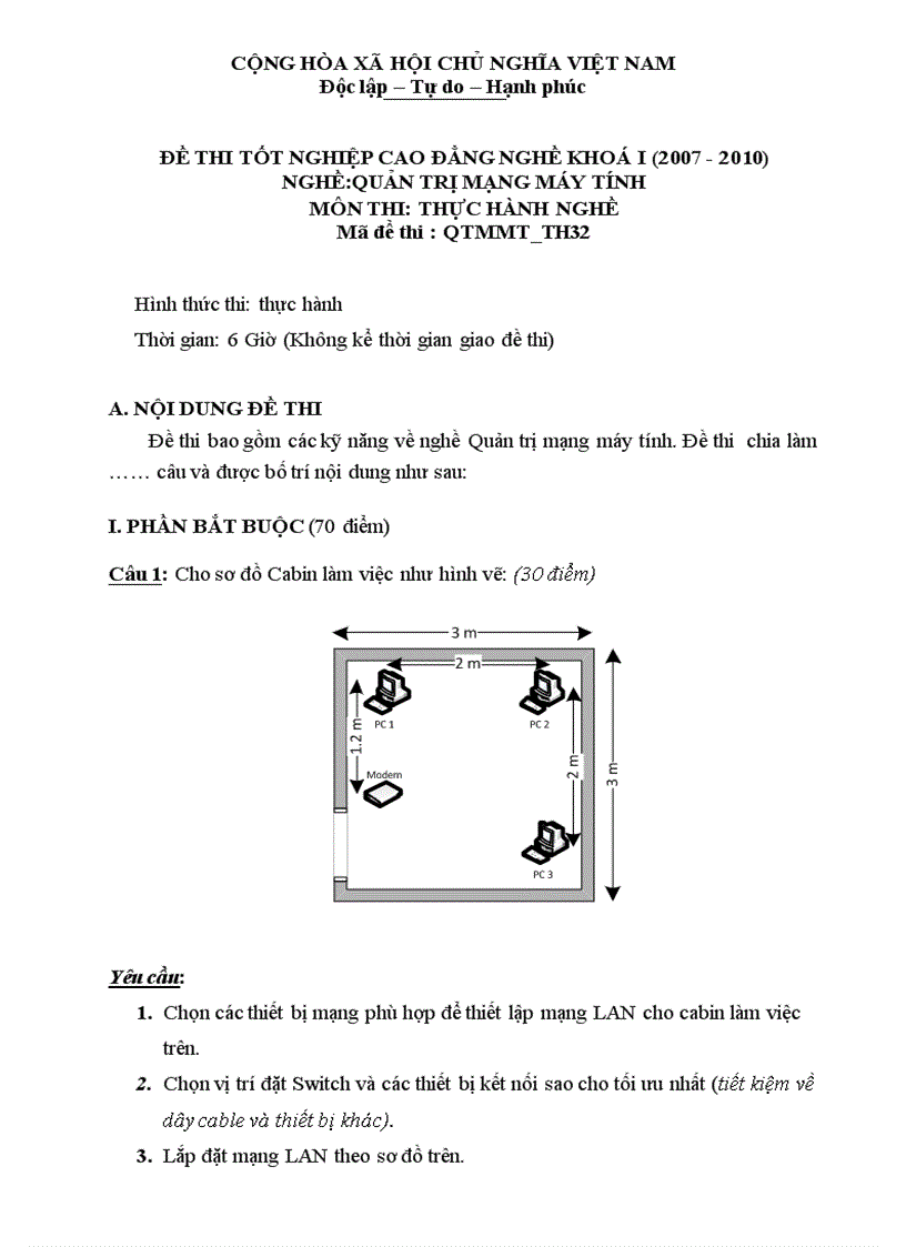 Đề thi nghề Quản trị mạng máy tính Thực hành nghề 32