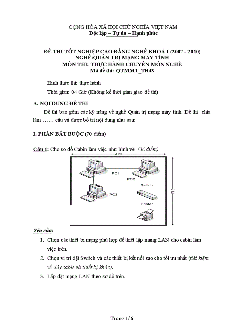 Đề thi nghề Quản trị mạng máy tính Thực hành nghề 43