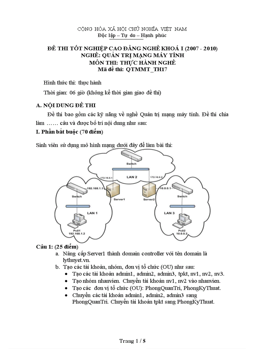 Đề thi nghề Quản trị mạng máy tính Thực hành nghề 17