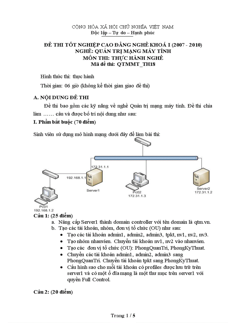 Đề thi nghề Quản trị mạng máy tính Thực hành nghề 18