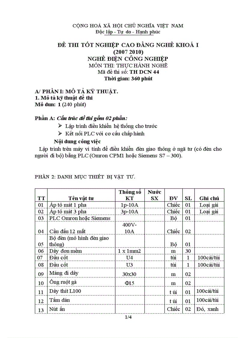 Đề thi thực hành nghề điện công nghiệp 44