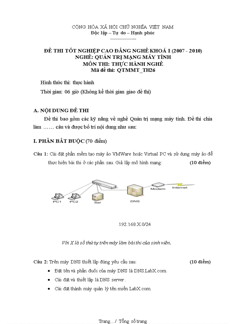 Đề thi nghề Quản trị mạng máy tính Thực hành nghề 26