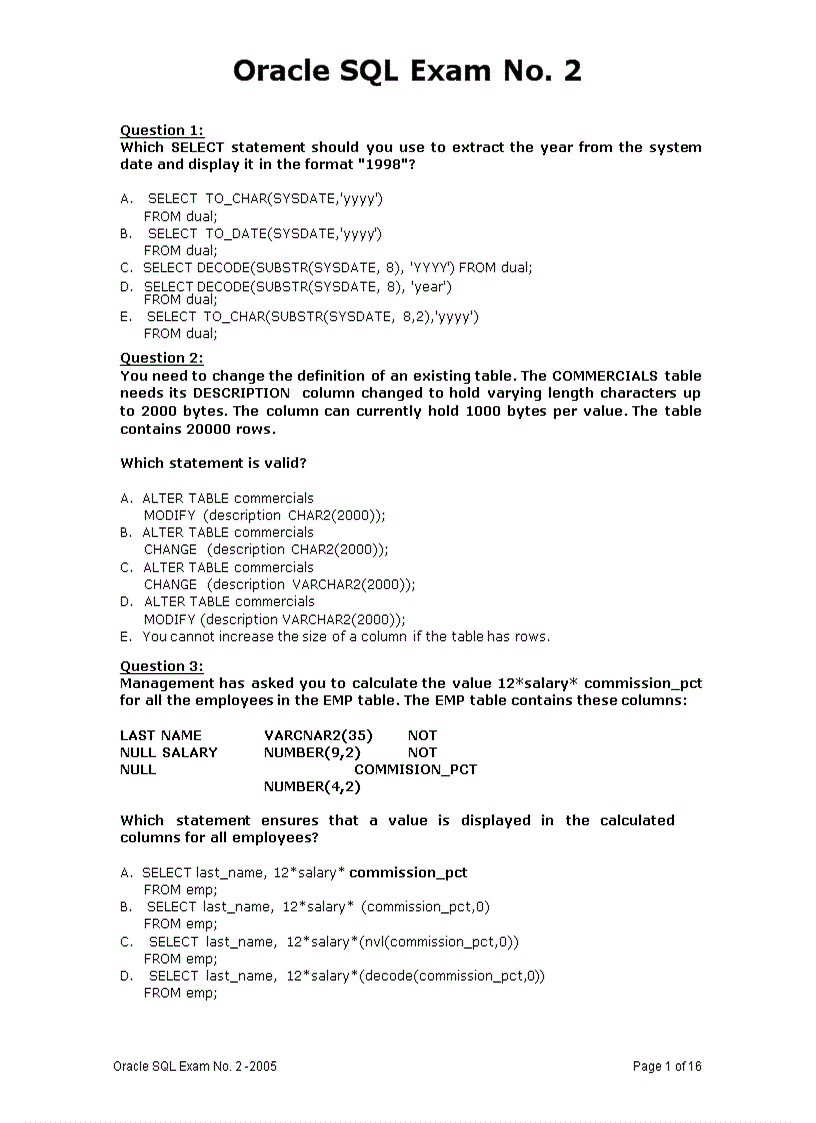 Oracle SQL Exam No 2