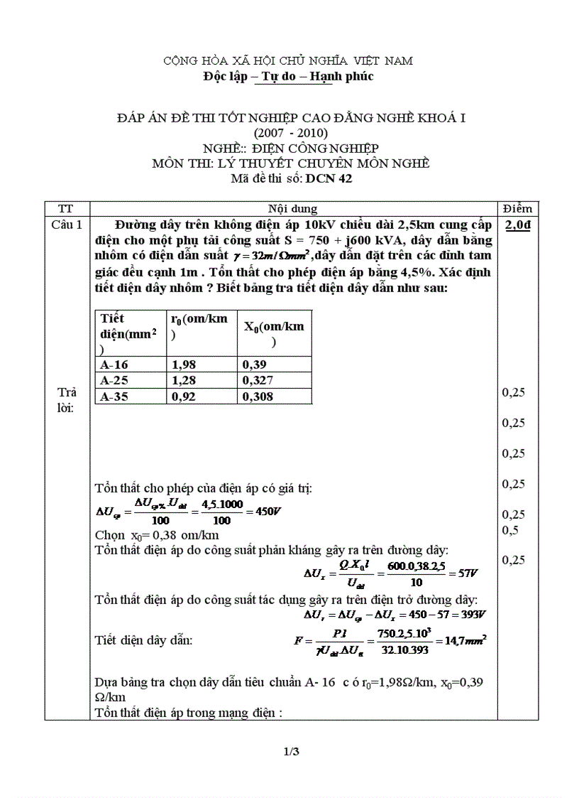 Đáp án đề thi lý thuyết nghề điện công nghiệp 42