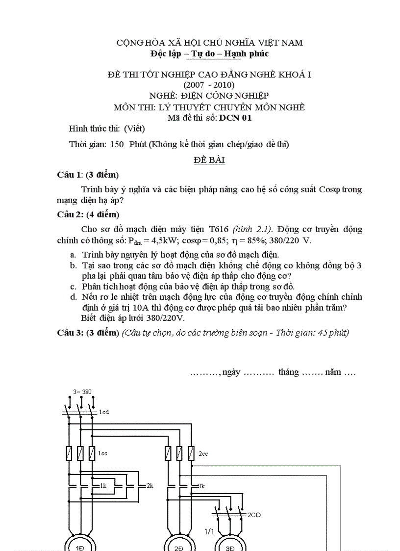 Đề thi lý thuyết nghề điện công nghiệp 1