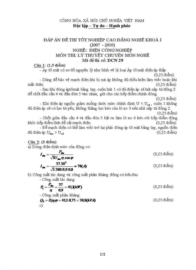 Đáp án đề thi lý thuyết nghề điện công nghiệp 29