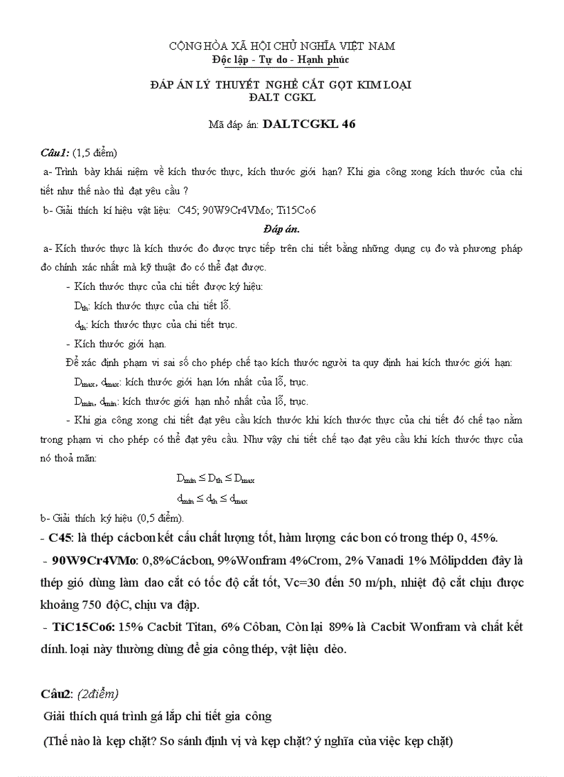 Đáp án lý thuyết cắt gọt kim loại 46