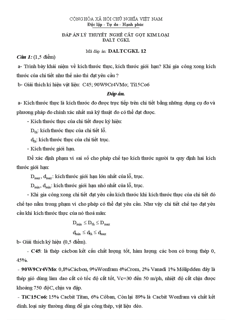 Đáp án lý thuyết cắt gọt kim loại 12