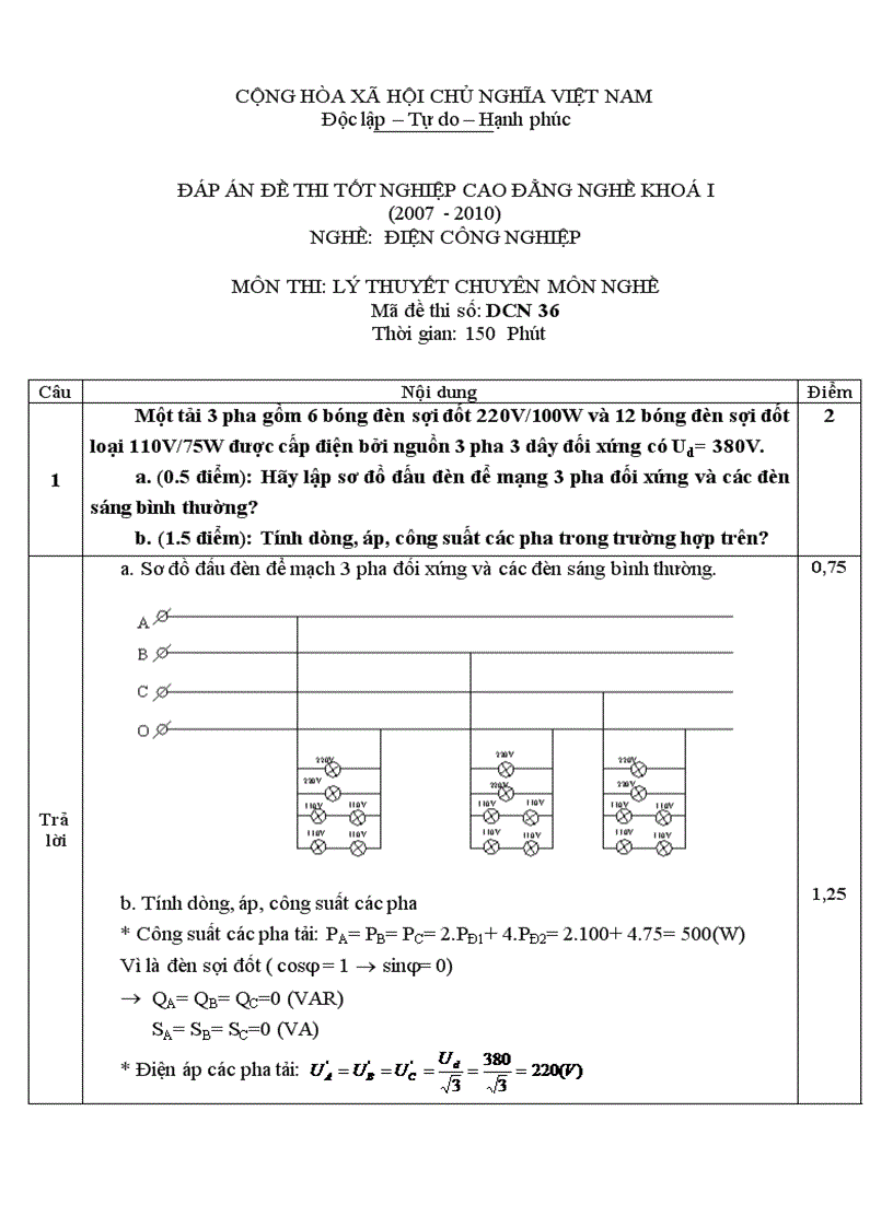 Đáp án đề thi lý thuyết nghề điện công nghiệp 36