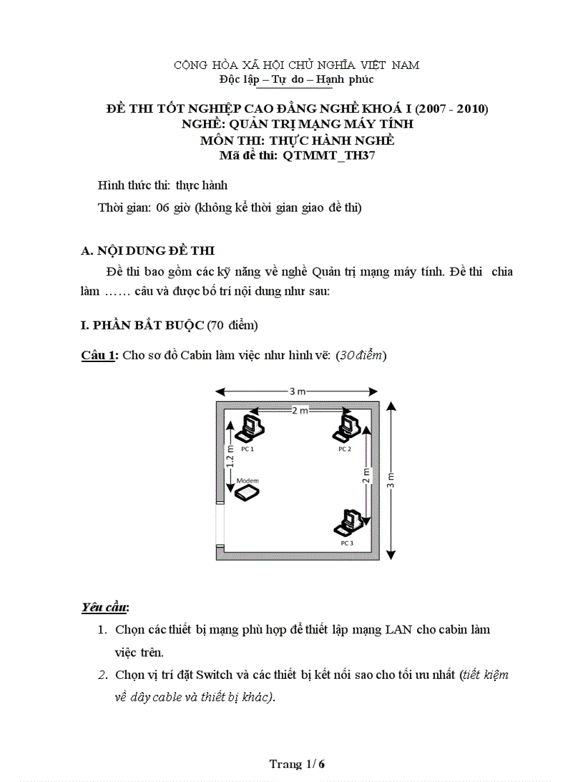 Đề thi nghề Quản trị mạng máy tính Thực hành nghề 37