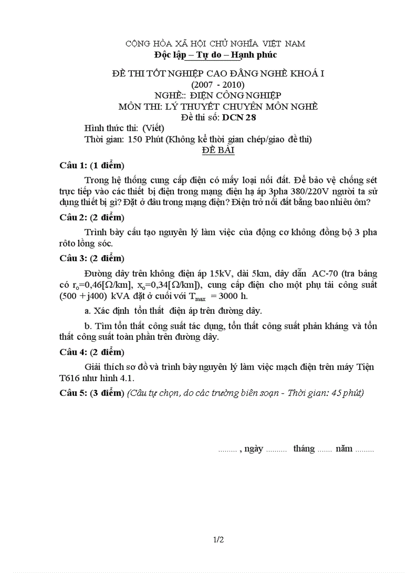 Đề thi lý thuyết nghề điện công nghiệp 28