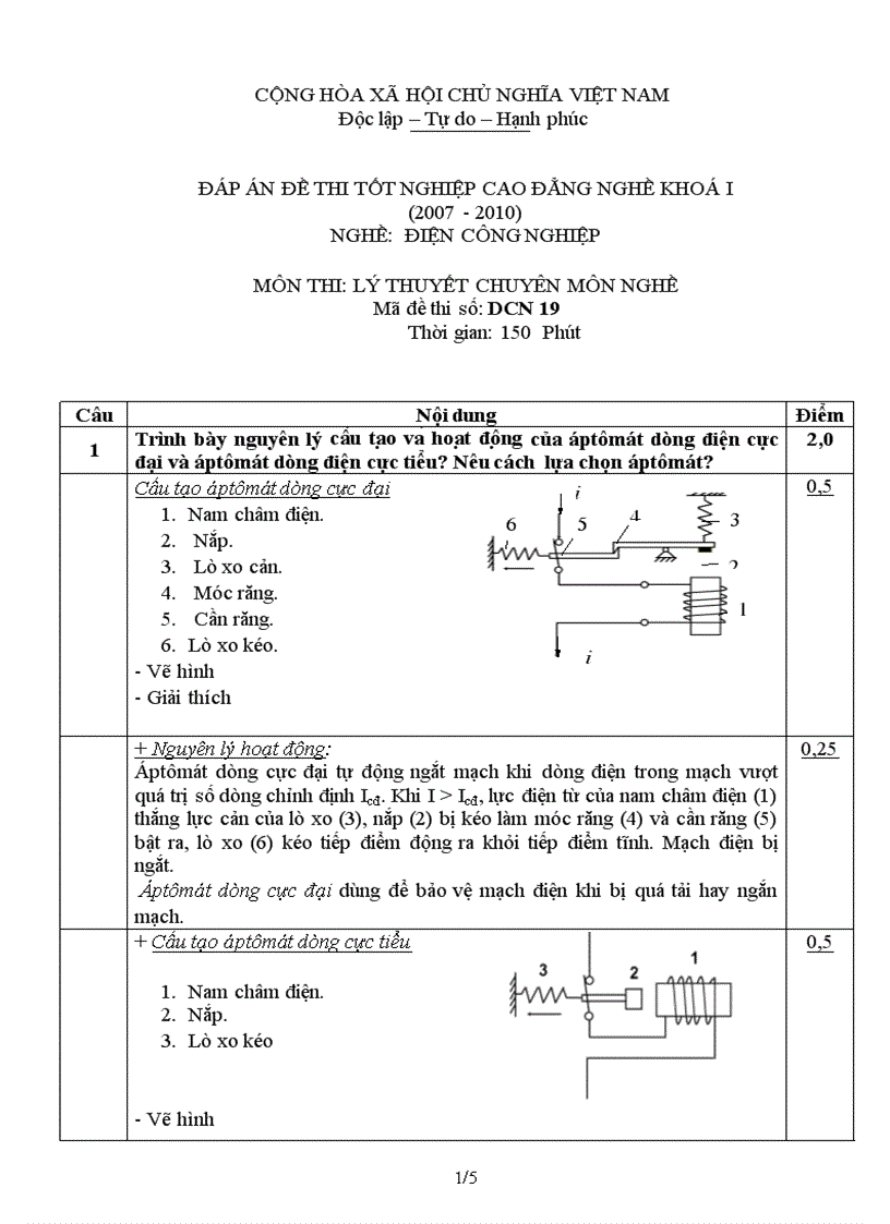Đáp án đề thi lý thuyết nghề điện công nghiệp 19