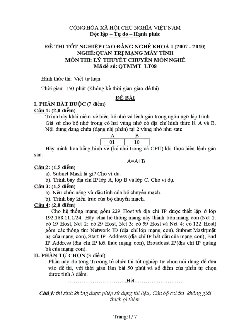 Đề thi nghề Quản trị mạng máy tính 8