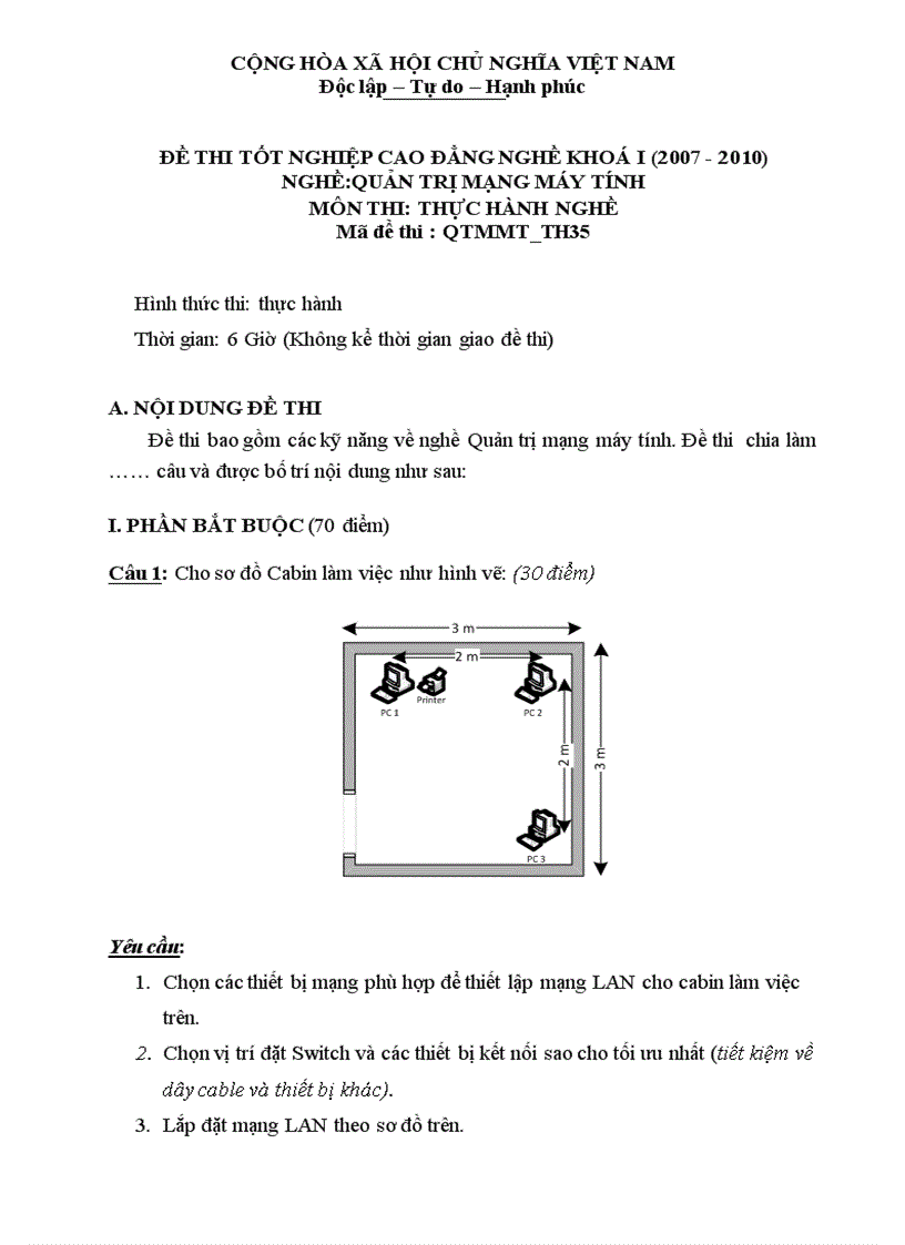 Đề thi nghề Quản trị mạng máy tính Thực hành nghề 35