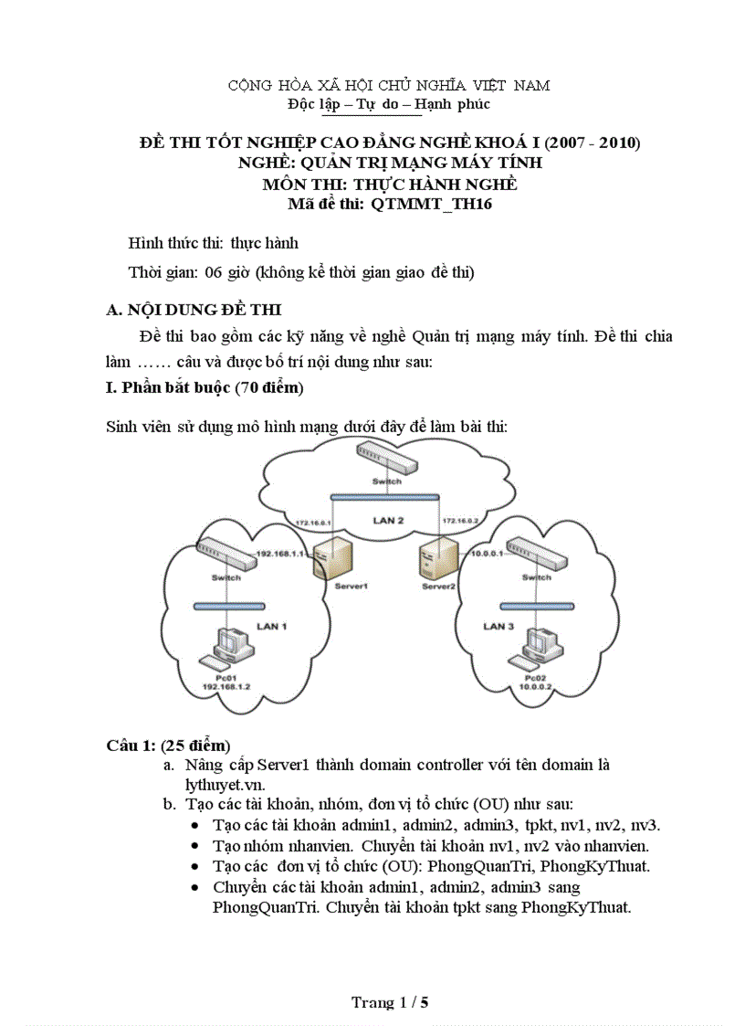 Đề thi nghề Quản trị mạng máy tính Thực hành nghề 16