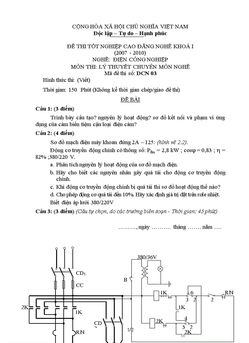 Đề thi lý thuyết nghề điện công nghiệp 3