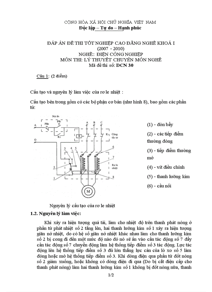 Đáp án đề thi lý thuyết nghề điện công nghiệp 30