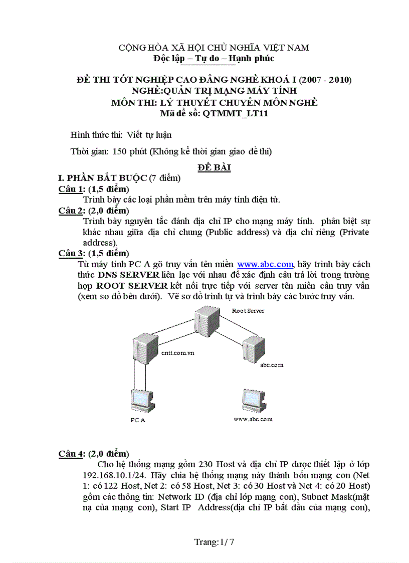 Đề thi nghề Quản trị mạng máy tính 11