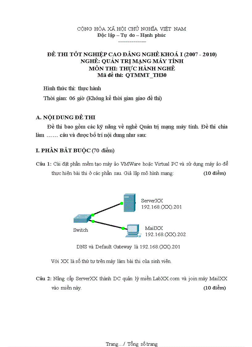 Đề thi nghề Quản trị mạng máy tính Thực hành nghề 30