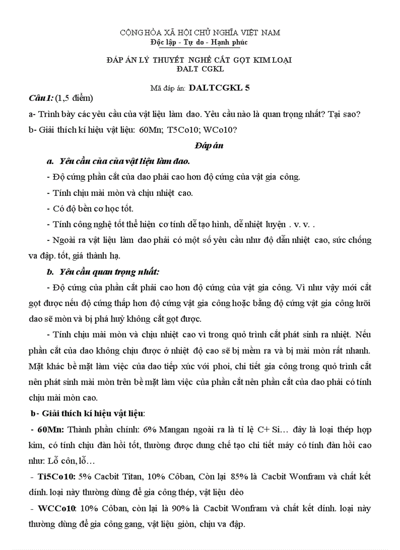 Đáp án lý thuyết cắt gọt kim loại 5