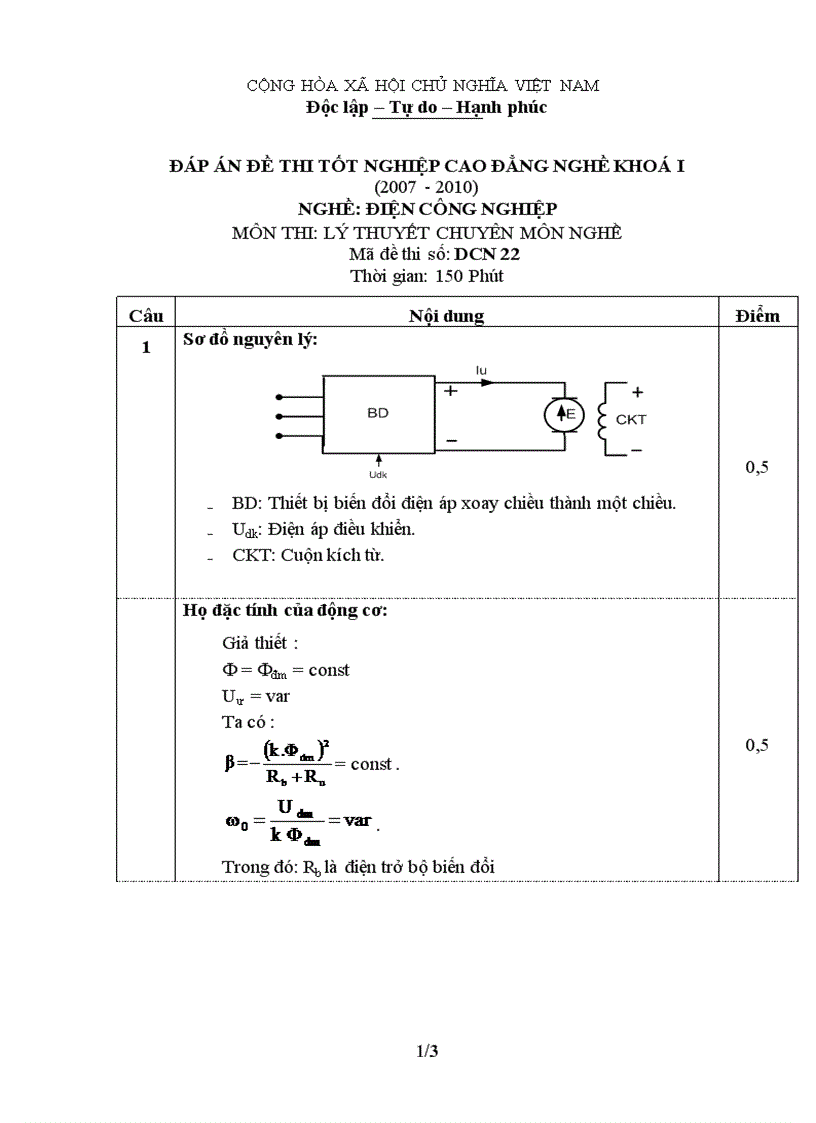 Đáp án đề thi lý thuyết nghề điện công nghiệp 22