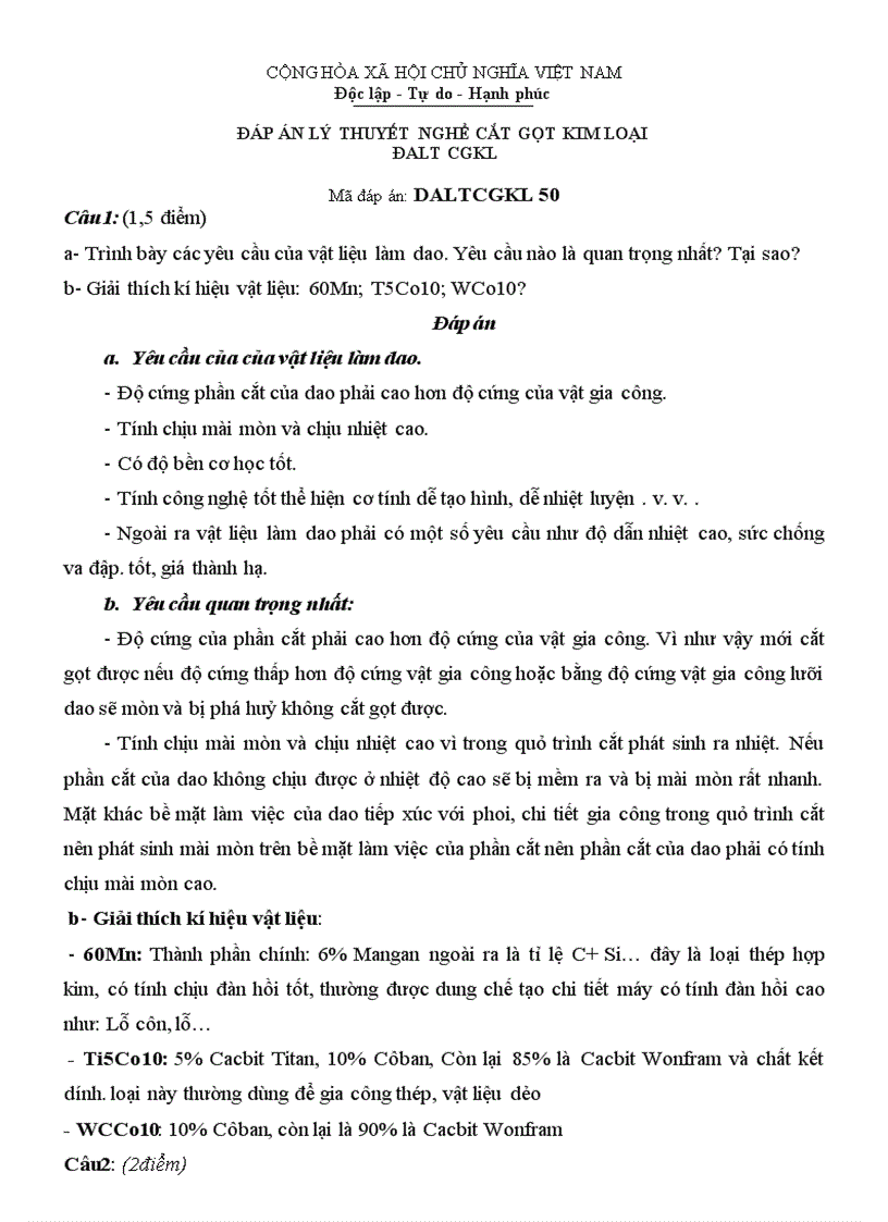 Đáp án lý thuyết cắt gọt kim loại 50