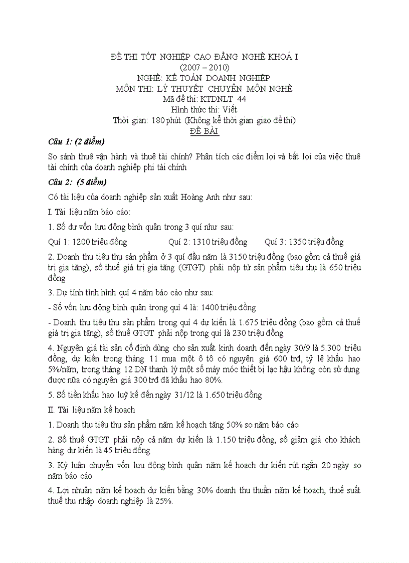 Đề thi lý thuyết kế toán doanh nghiệp 44