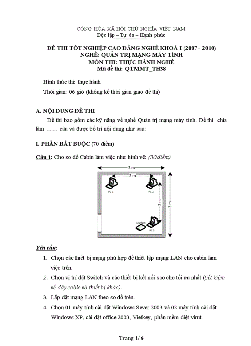 Đề thi nghề Quản trị mạng máy tính Thực hành nghề 38