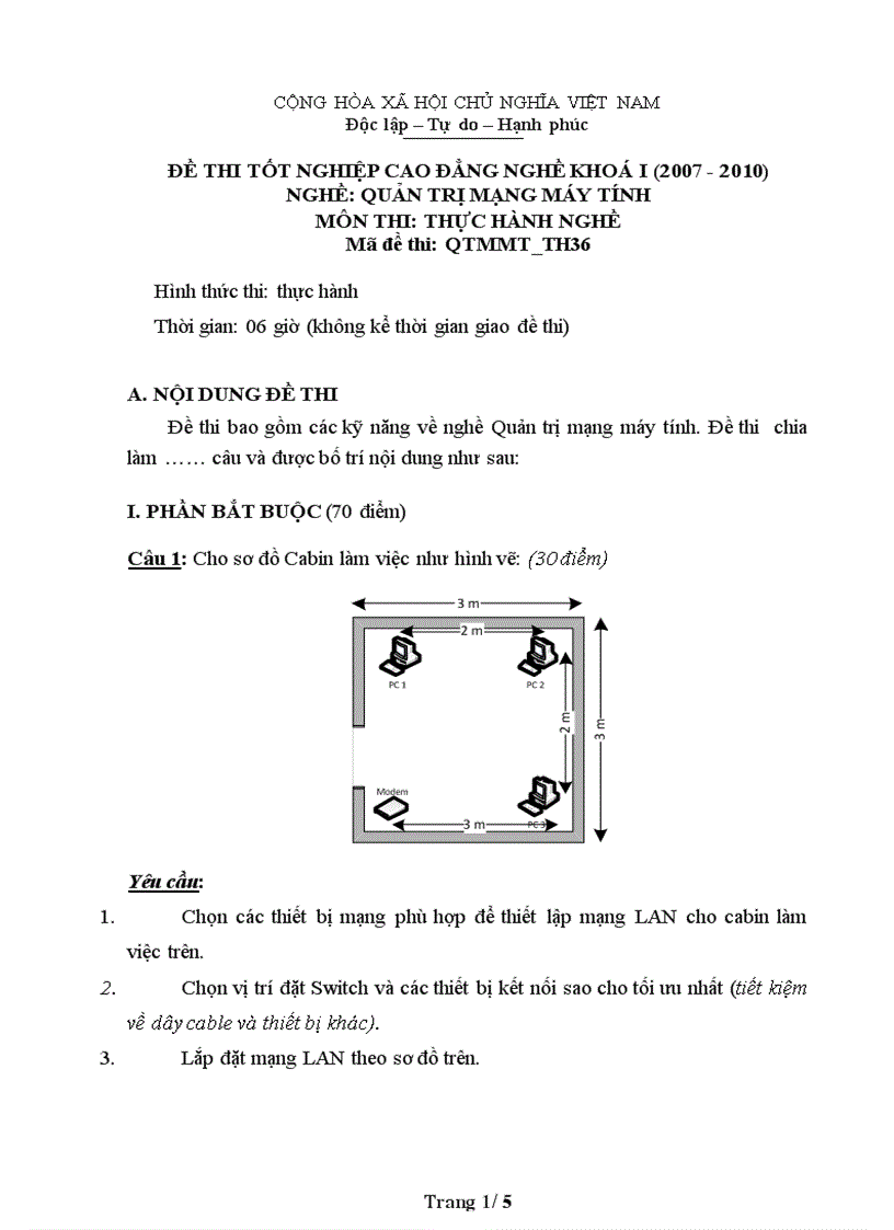 Đề thi nghề Quản trị mạng máy tính Thực hành nghề 36