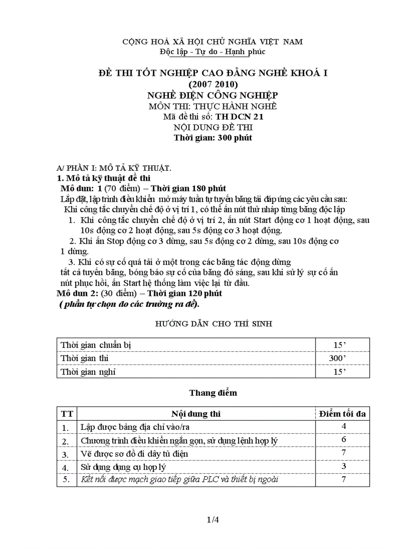 Đề thi thực hành nghề điện công nghiệp 21