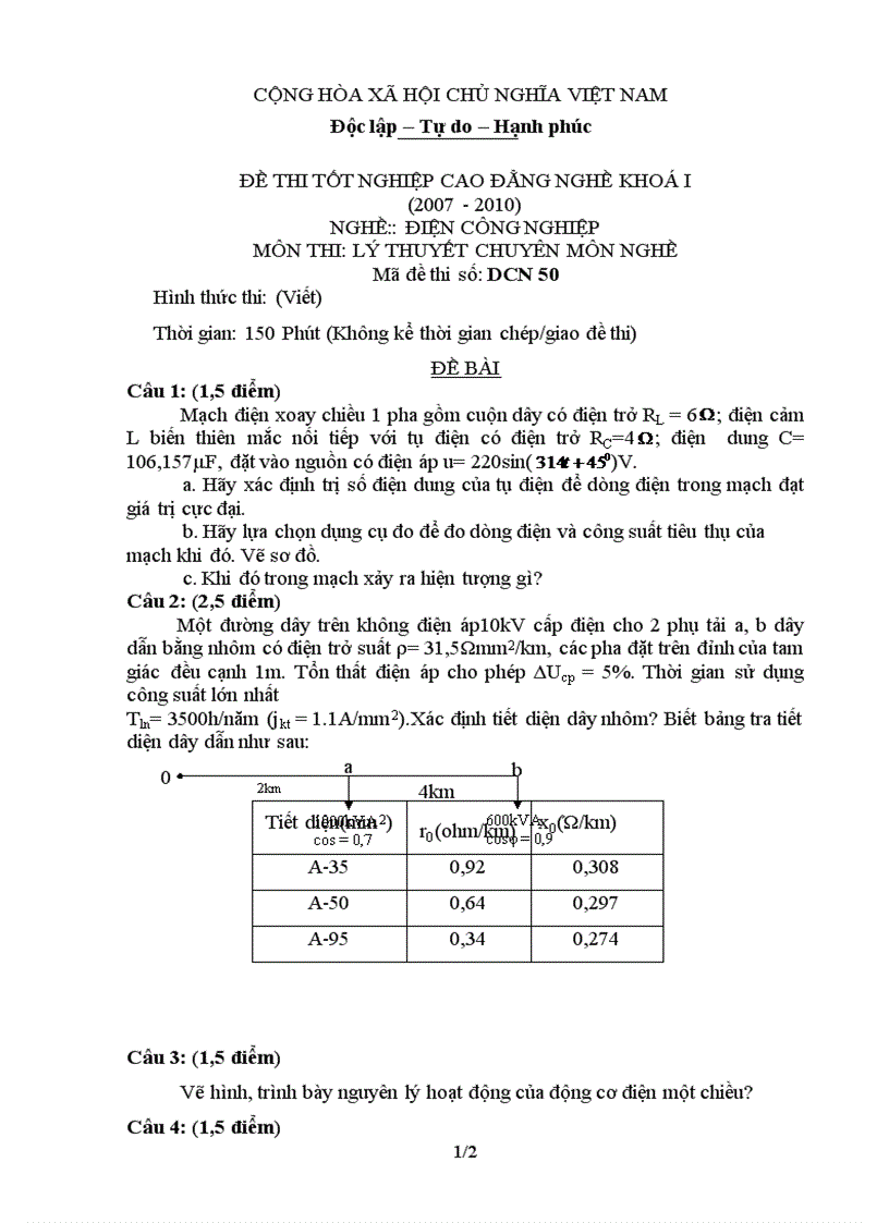 Đề thi lý thuyết nghề điện công nghiệp 50