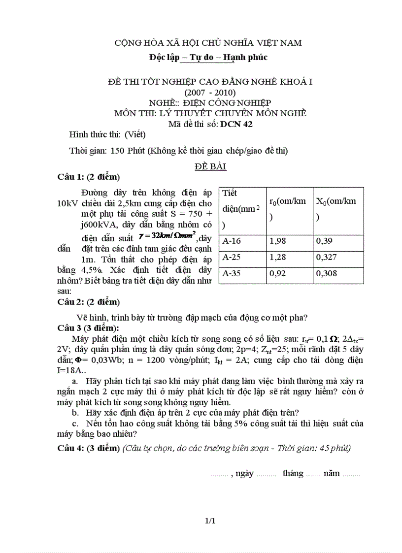 Đề thi lý thuyết nghề điện công nghiệp 42