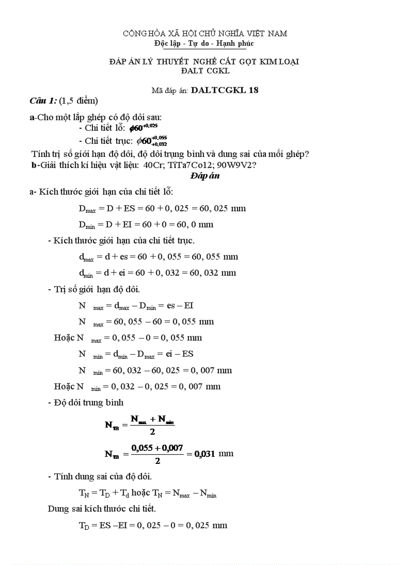 Đáp án lý thuyết cắt gọt kim loại 18