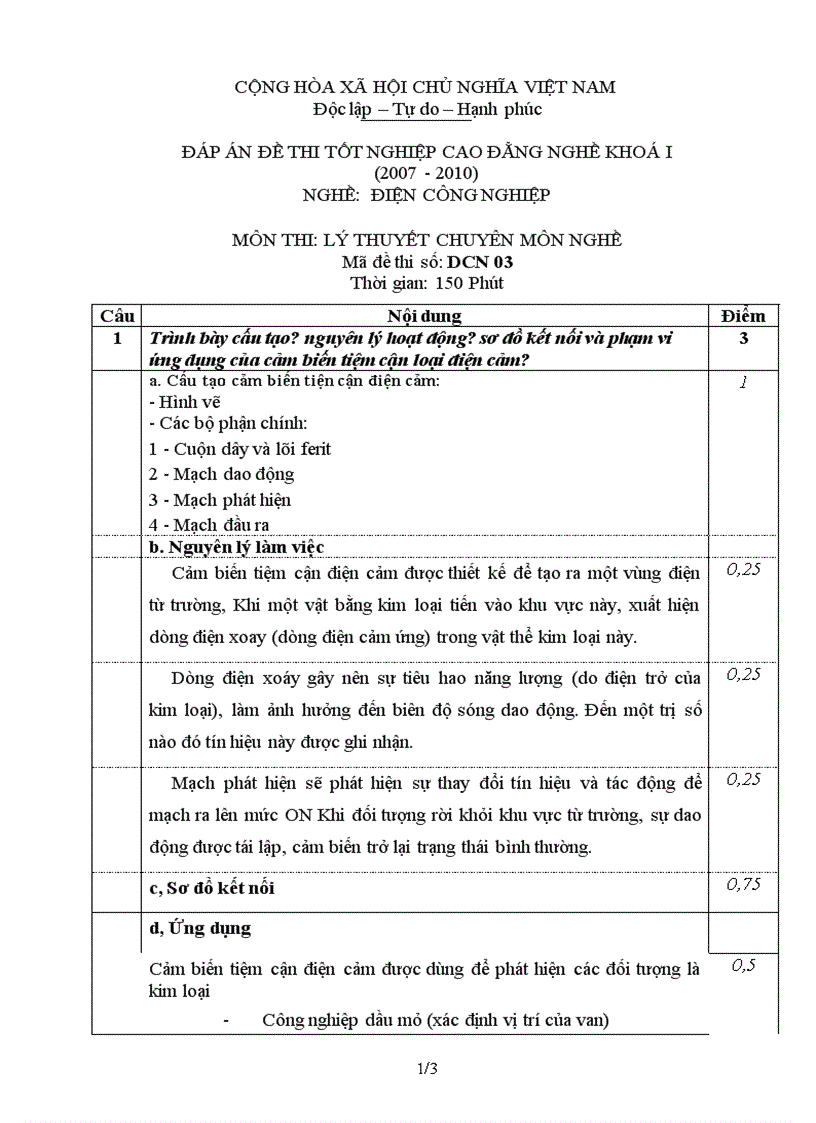 Đáp án đề thi lý thuyết nghề điện công nghiệp 3