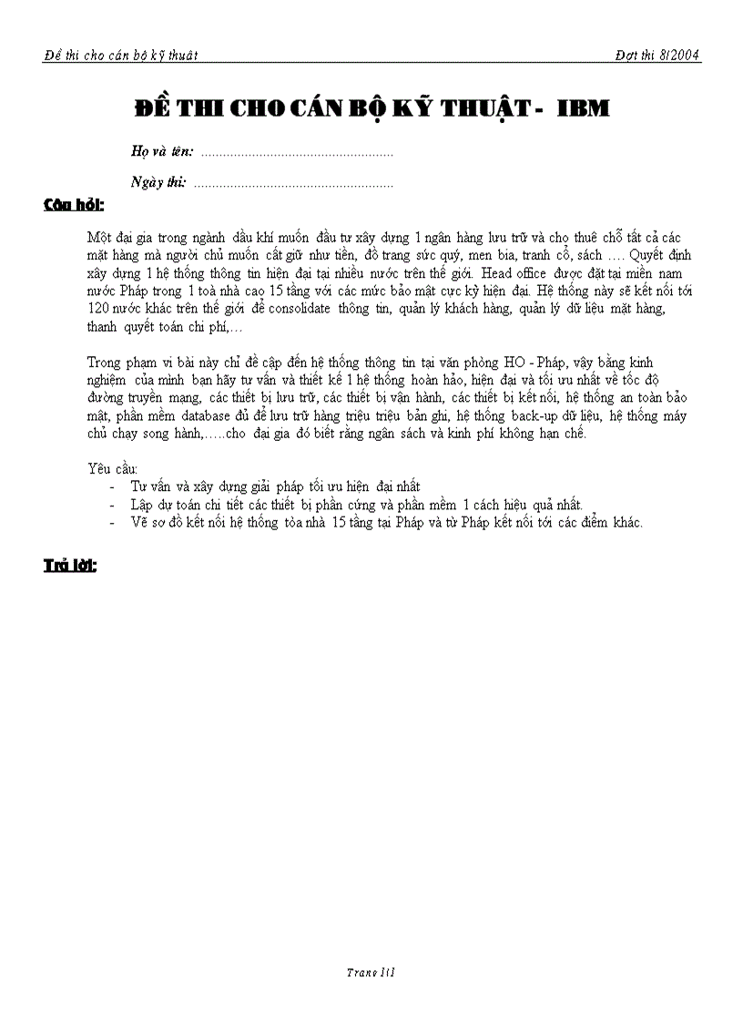 Đề thi cho cán bộ kỹ thuật IBM FPT 2004