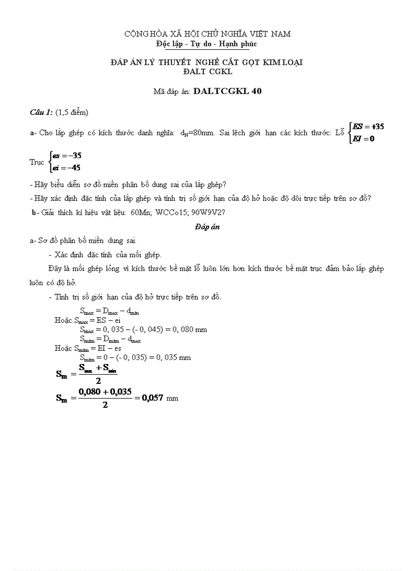 Đáp án lý thuyết cắt gọt kim loại 40