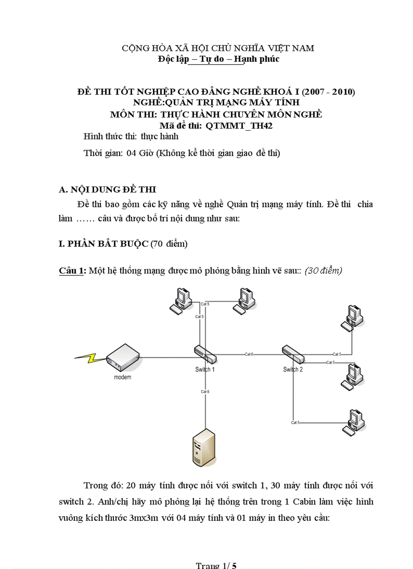 Đề thi nghề Quản trị mạng máy tính Thực hành nghề 42