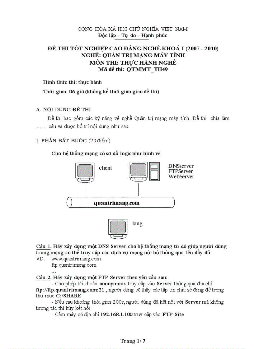 Đề thi nghề Quản trị mạng máy tính Thực hành nghề 49