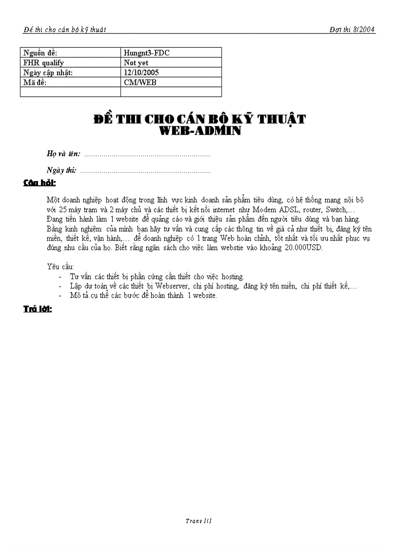Đề thi Cán bộ Web admin